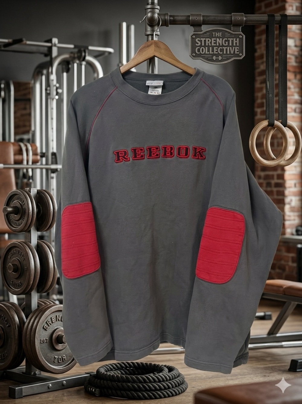 Vintage Reebok Men’s Gray Crewneck Sweatshirt with Red Elbow Patches
